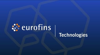 Eurofins Technologies logo featuring connected dots symbol on blue background with hexagonal pattern